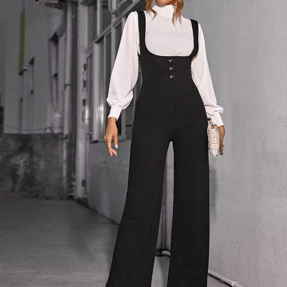 Pants - Black Elegant Women's High Waist Button Front Wide Leg Suspender Jumpsuit